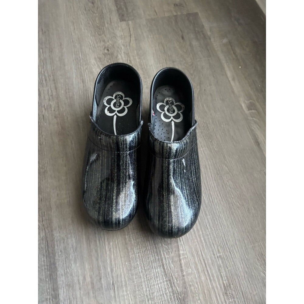 Sanita Professional Patent Leather Clogs Silver Sparkle Black Stripe Size 37